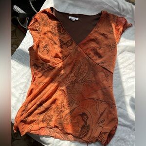 dressbarn Y2K Orange and Brown Paisley V-Neck Blouse